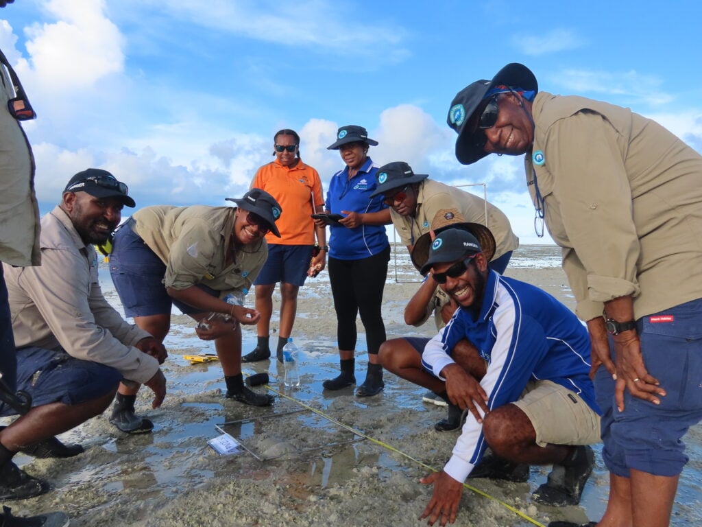 A group of Torres Strait Islander land and sea rangers monitor seagrass in the remote Torres Strait located in Queensland, Australia.