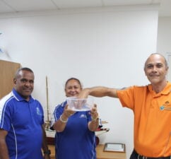 Left to right: Torres Strait Regional Authority Chairperson George Nona, Economic Development’s Darlene Fell and CEO Charlie Kaddy hold the prize draw for the Torres Strait region's landmark Zenadth Kes Creative Arts survey
