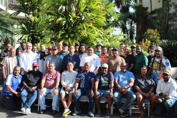 A large group of Torres Strait Islander and Aboriginal men and women as part of the PZJA advisory committee members with TSRA and GBK representatives representing the Torres Strait region, at a meeting in Cairns, Far North Queensland, Australia.