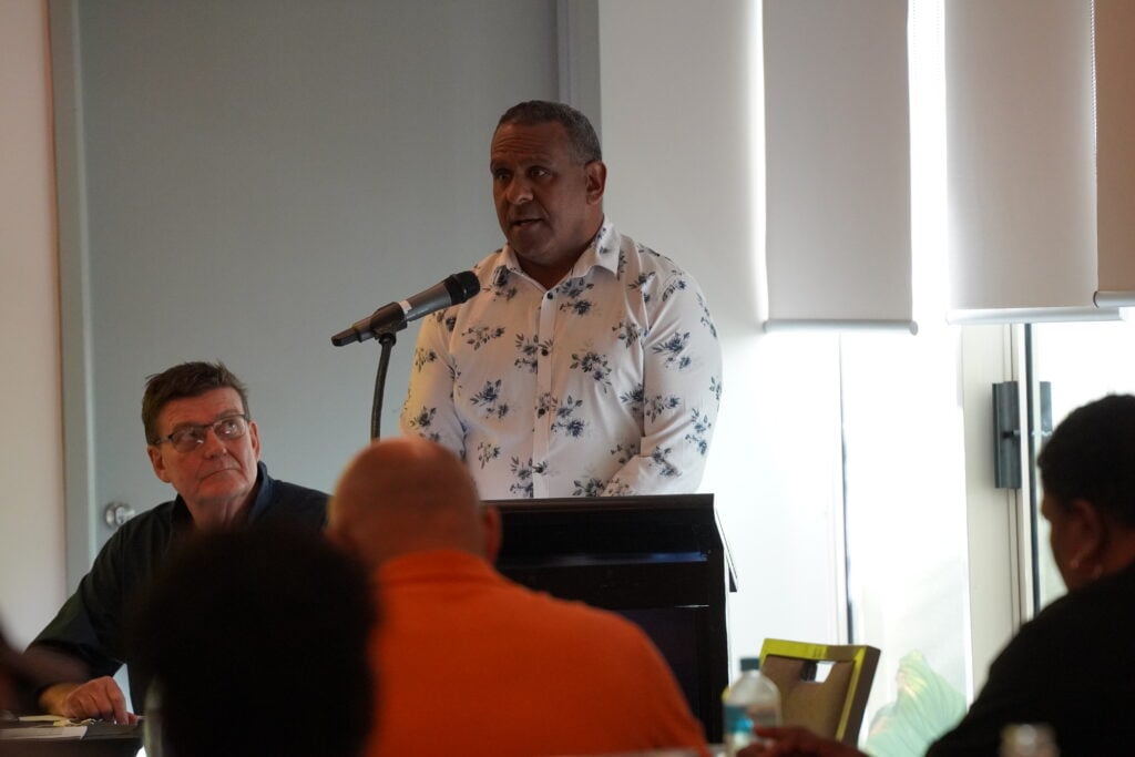 Torres Strait Islander man and TSRA Chairperson George Nona speaks to the PZJA Committee representing the Torres Strait region at an induction event in Cairns, Far North Queensland, Australia.
