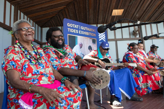 Men and women performers from Mer at the GOTAT | GUTHATH | TIDES exhibition launch at the Gab Titui Cultural Centre on Thursday Island in the Torres Strait