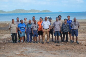 Honouring connections: TSRA Rangers and Chairperson George Nona (middle) hosted South Fly Rangers on Waiben (Thursday Island)